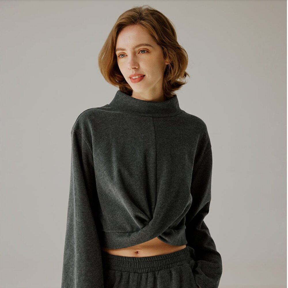 Nap Lougewear Women's Mock Neck Crop Top Sweatshirt Dark Grey Size Small